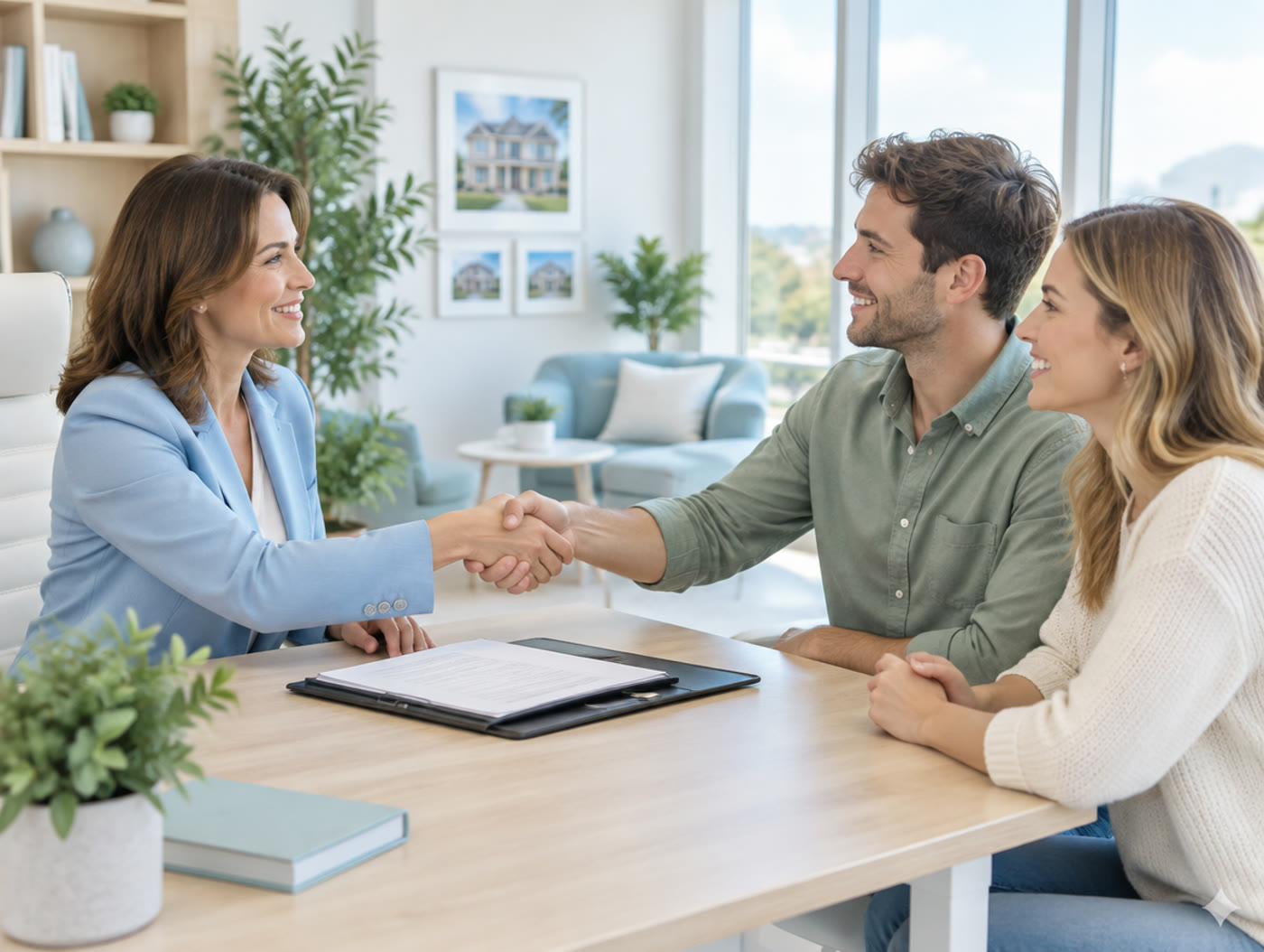 Une directrice d'agence serre la main d'un couple de futurs locataires