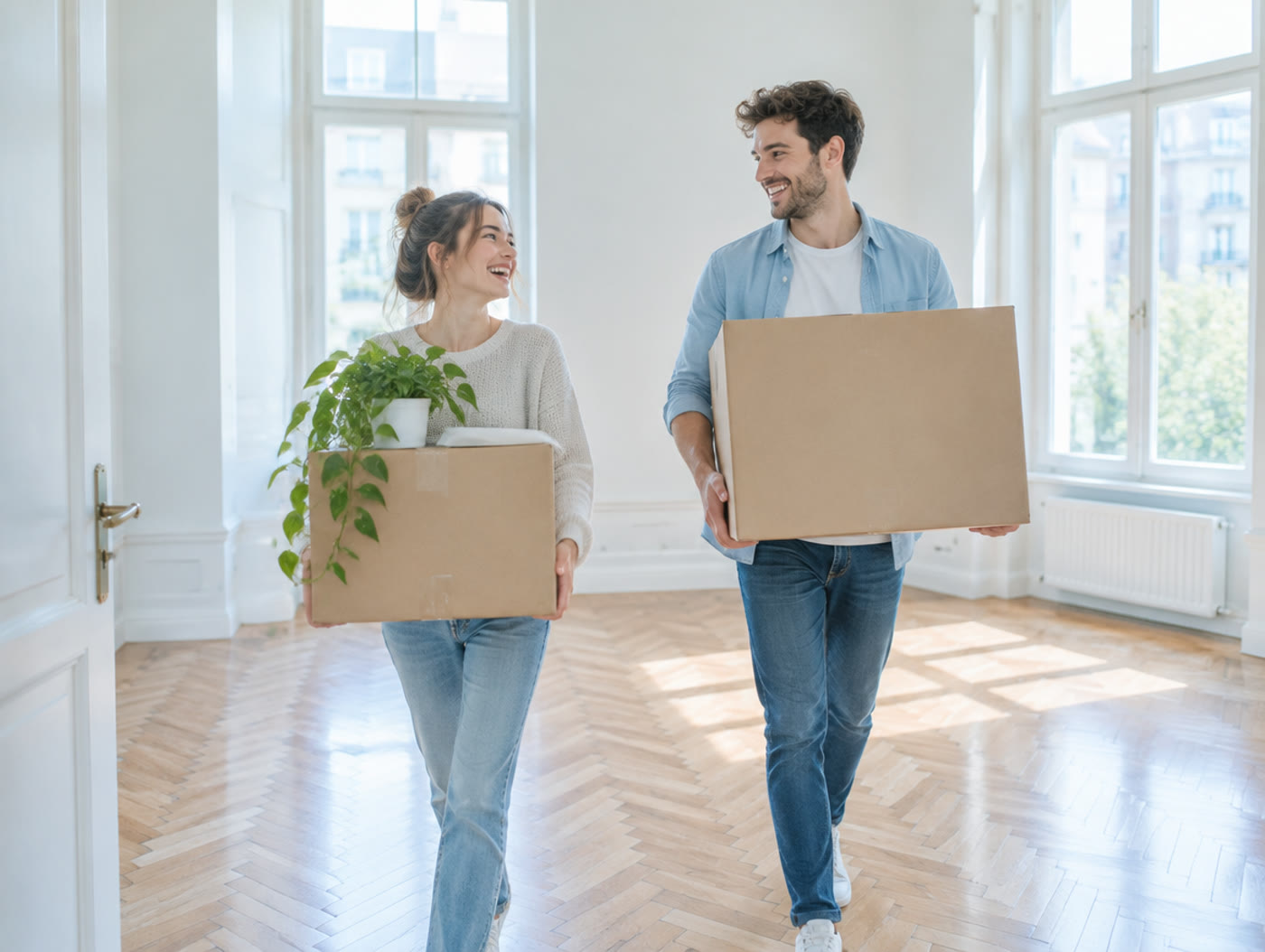 Un jeune couple emménage, des cartons dans les bras, dans un appartement lumineux